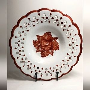 Portugal Pierced Rim White Pink Flowers 9.5" Pedestal Bowl handpainted